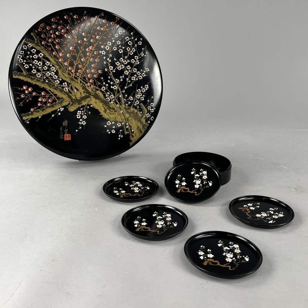 Otagiri Faux Japanese Lacquerware: Faux Japanese lacquerware, enamel decorated plastic, round lidded and divided storage container (13-1/8" D) , and a set of 5 coasters (4-1/8" D) in a partial box, both pieces marked on the bottom with