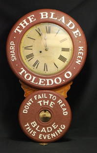 The Blade Toledo, Ohio Figure-8 Advertising Clock: Don't Fail to Read The Blade This Evening Sharp and Keen 31" H, 18.5"W at widest part Working condition unknown Made by Baird Clock Co., Plattsburgh, NY, USA