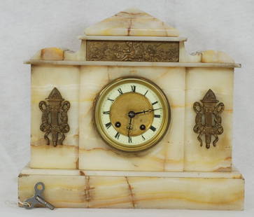 Antique Marble Mantle Clock: With Pendulum and Key 13"H, 14"W
