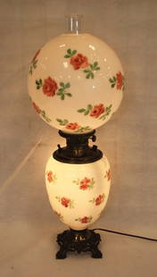 Electric Gone with the Wind Lamp: Original Base and Shade, Rose motif 28" to top of the chimney - electrified