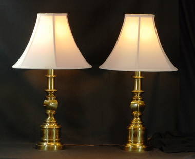 Pair of Vintage Stiffel Brass Lamps: With shades-16" diameter 27.5"H From the 1970's