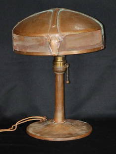 Original Signed Roycroft Arts & Crafts Strapwork Lamp: Hand Hammered Copper Lamp with Strap Work Shade with Mica Panels 13"x10" - One Mica panel is cracked. Photos added for clarity. Cord is frayed and needs replaced.