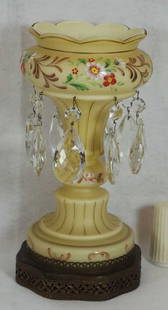 Hand Painted Cased Glass Lustre Centerpiece: With Prisms 14" H 7 1/2" W - appears in good condition - May have been previously lit. Small cord hole in brass base.