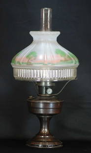 Aladdin Log Cabin Shade Model 12 Oil Lamp: Rare Bronze Base. Hand Painted Shade With Original Chimney - 24" to chimney 12" wide shade