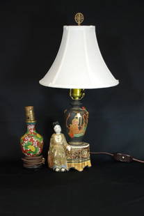 Satsuma Oriental Electric Lamp: Depicts Woman at Table with Vase 23" tall with shade - some wear but no chips