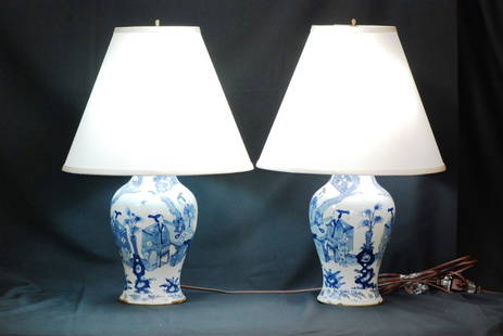 Vintage Oriental Blue & White Ceramic Lamps: 22.75"H - wear and chips to base