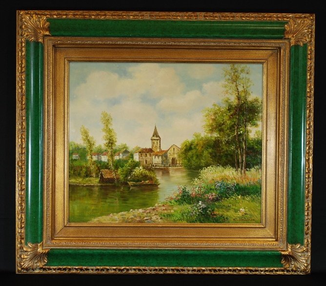 Signed C. Weidman Oil Painting: Landscape with river and church Canvas stretcher measures measures 24" x 20" Frame measures 32" x 36"