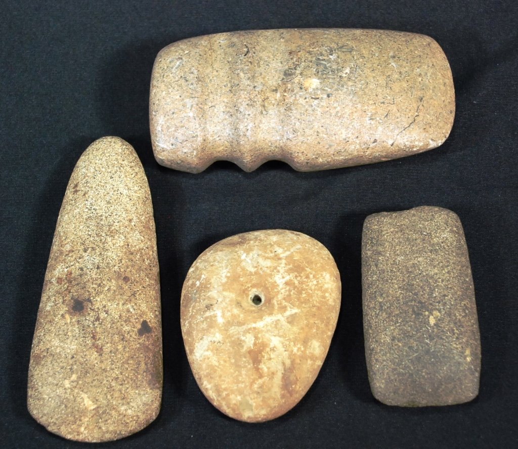 Vintage Indian Artifacts: 3 ax heads and a net weight Ax head is 5 1/2"L One is 5 3/4"L Small one is 3 3/4"L Net weight is 3.5" at longest part