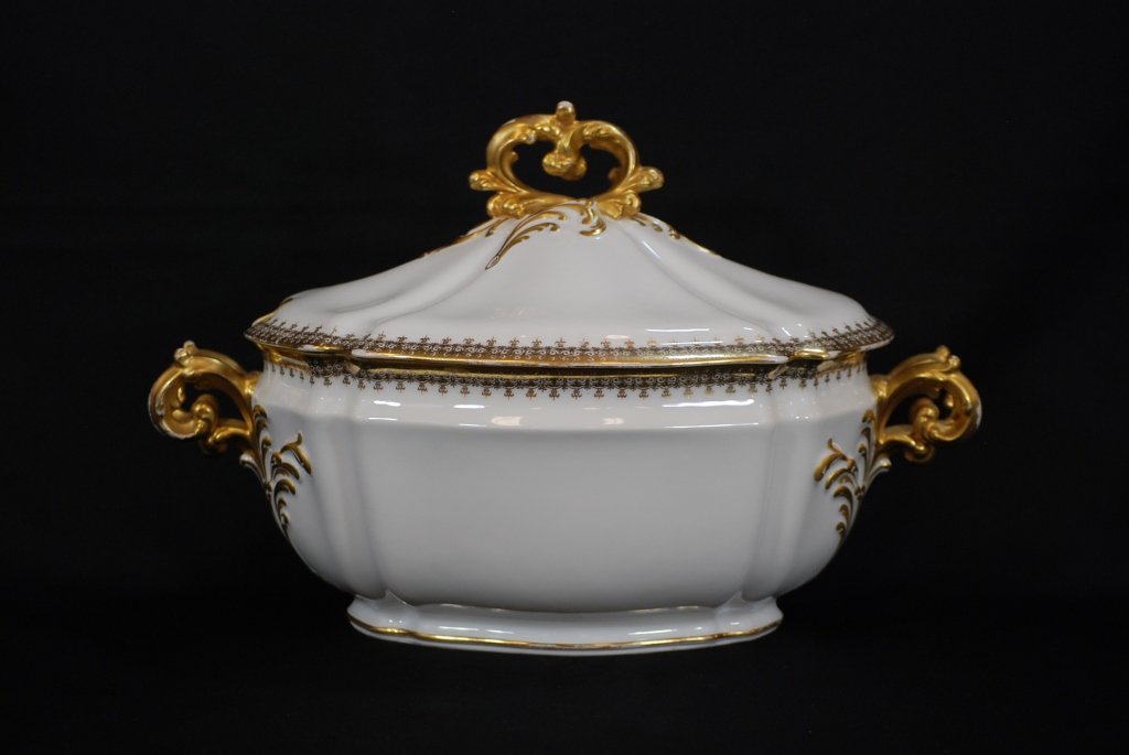 Antique France Limoges Porcelain Soup Tureen: M. Redon Limoges France - wear to gilding - no apparent chips or cracks - 15" x 9" x 9.5" Tall