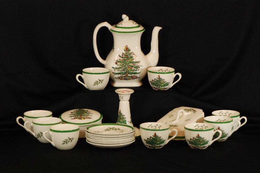 20 pc Spode "Christmas Tree" China: Coffee pot, 9 cups, 7 saucers, small covered candy dish, candlestick, cheese dish with lid