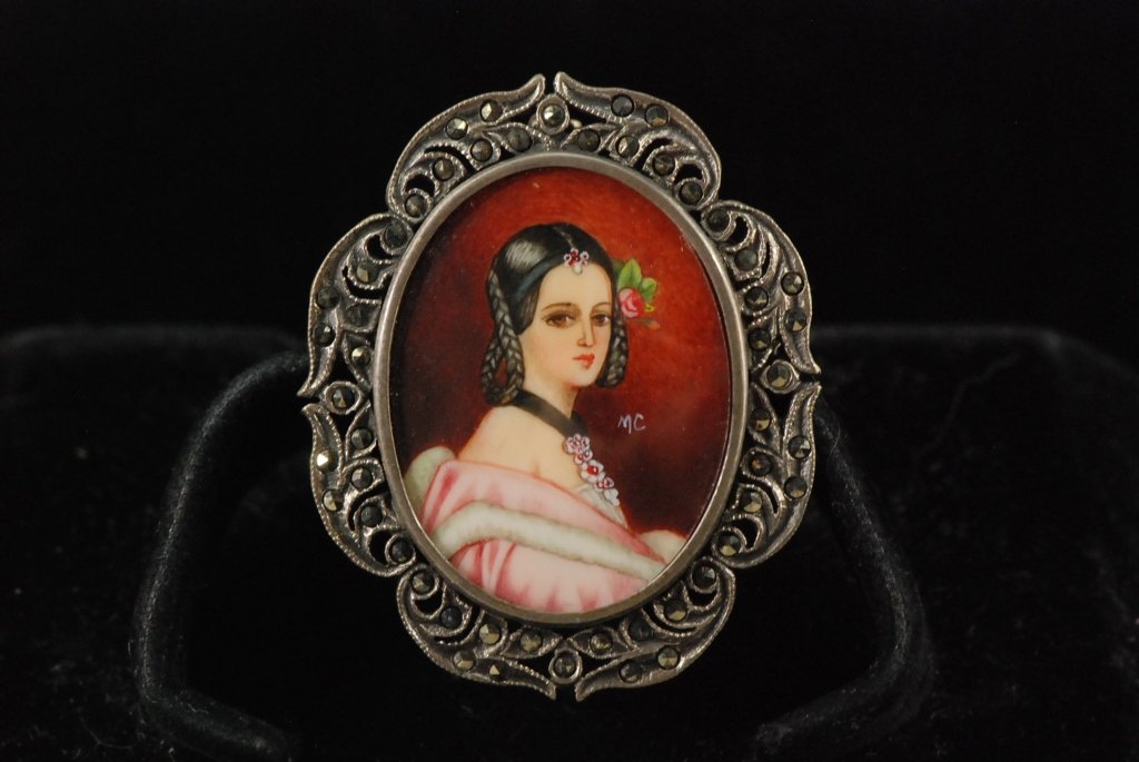 Vintage 800 Silver Hand Painted Portrait Pin: Oval shaped portrait of young woman, Signed MC is surrounded by Faceted Marcasite. 1.5"H 10.7 Grams TW