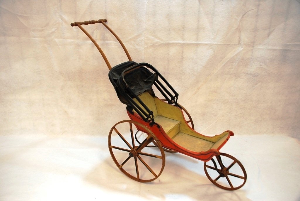 Victorian 3-Wheel Push Style Doll Stroller: Hand Stenciled, Appears all Original 26" to top of handle 32"L, 13"W