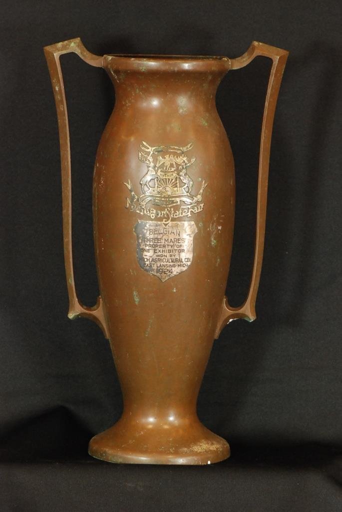Copper 1924 Michigan State Fair Horse Trophy: MAC Trophy for three Belgian Mares Won By Michigan Ag College, East Lansing, MI Made by Silver Crest, sterling under bronze 14" H at tallest point on handle