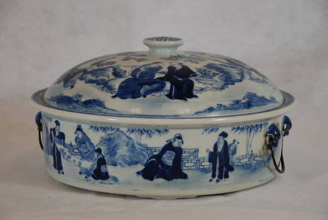 Chinese Flow Blue Covered Bowl: Blue and white stoneware 11" Diameter