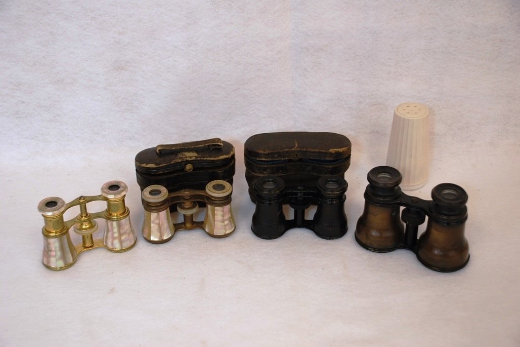 Four Pairs of Opera Glasses: Two with cases 2 Mother of Pearl, Made in Paris