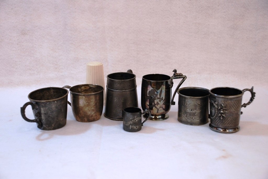 7 Antique Pewter and or Silver Plate Baby Cups: Assorted silver plate or pewter - see pics Includes Williamston, MI very small cup