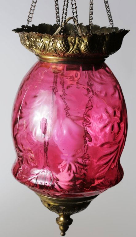 HANGING CRANBERRY ELECTRIFIED OIL PENDANT LIGHT: Cranberry globe, 7.5" wide, 22" total height