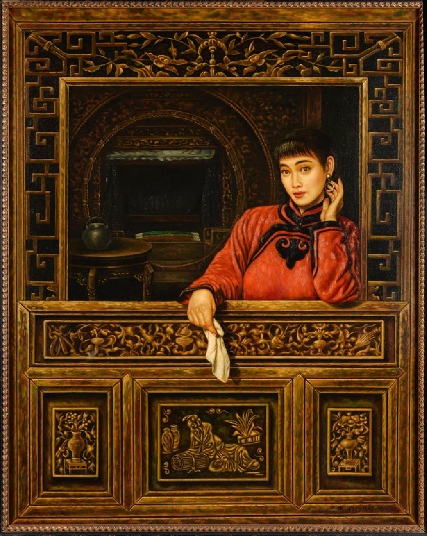 Wang Wei (1960-) 'Enticing Chinese lady in the: Wang Wei (1960-) 'Enticing Chinese lady in the window', signed lower right and verso signed and dated 1996, canvas. Documentation included. Dim. 90 x 70 cm.