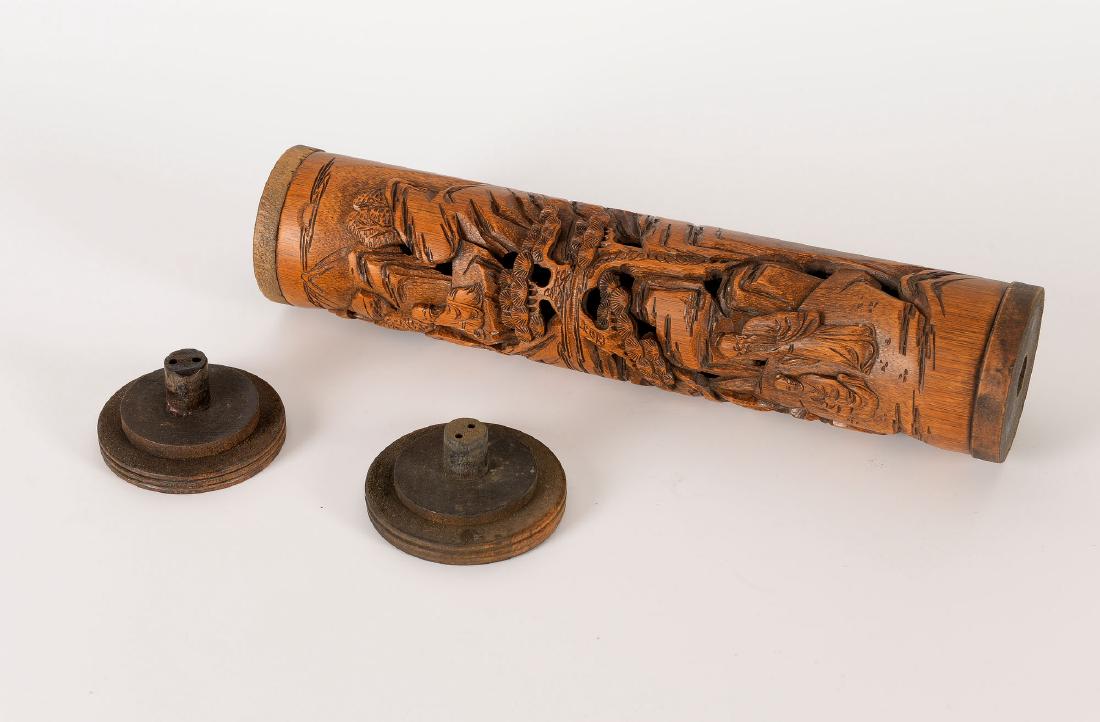 A carved bamboo incense burner/perfumier. Poem of the: A carved bamboo incense burner/perfumier. Poem of the Tang poet Wang Wei. Signed Shan and dated Jia Zi, presumably 1926. H. 30 cm.