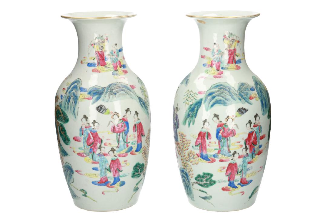A pair of polychrome porcelain vases decorated with (1 of 12)
