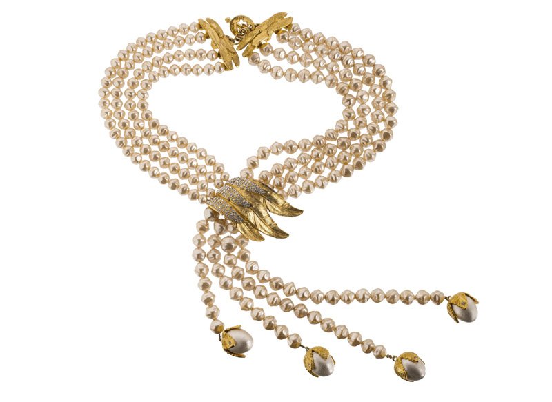 A Claire Deve goldtone and faux pearl necklace, set: A Claire Deve goldtone and faux pearl necklace, set with rhinestones. Signed Claire Deve.