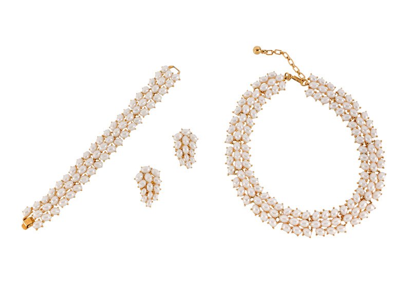 A Trifari faux pearl goldtone demi parure. Bracelet, (1 of 1)