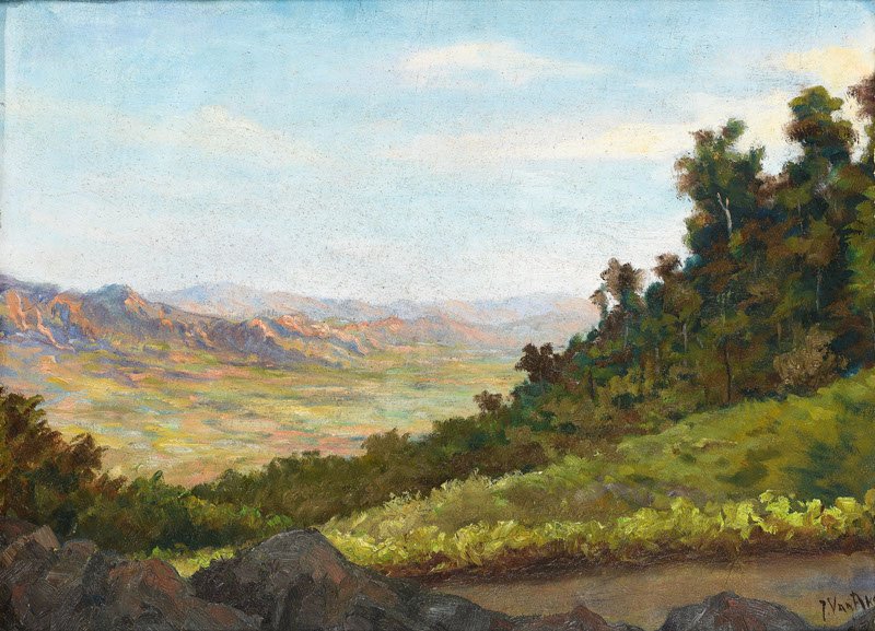 Jan van Aken (1905), 'Indonesian landscape', signed: Jan van Aken (1905), 'Indonesian landscape', signed lower right, board, 39 x 47 cm.