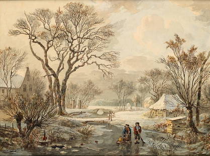 Willem de Klerk (1800-1876), 'Winterlandschap met: Willem de Klerk (1800-1876), 'Winterlandschap met ijsvermaak', gesigneerd r.o., aquarel, afm. 25 x 33 cm.