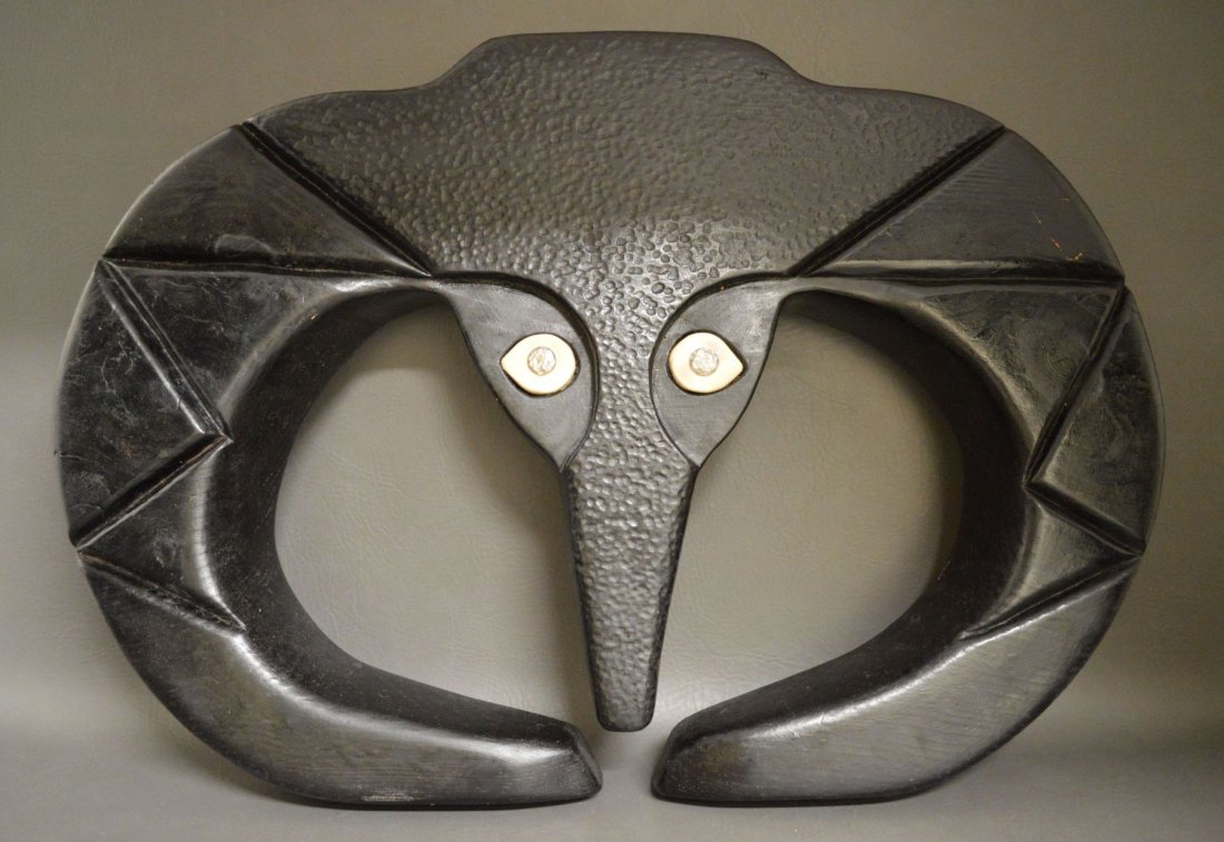CREE WOOD CARVING JOHN CAYONI: 1994 hand carved and painted bull head with shell and hammered silver eyes, signed Cayoni. 28" x 20" Shipping for this lot: $30.00 (CONTINENTAL UNITED STATES ONLY) Unless noted all items will have som