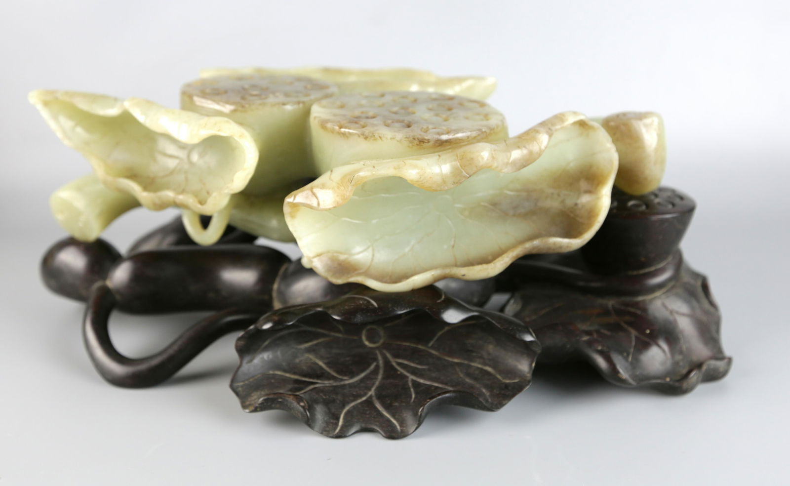 A Chinese Yellow Jade Lotus on Rosewood Stand, (1 of 5)