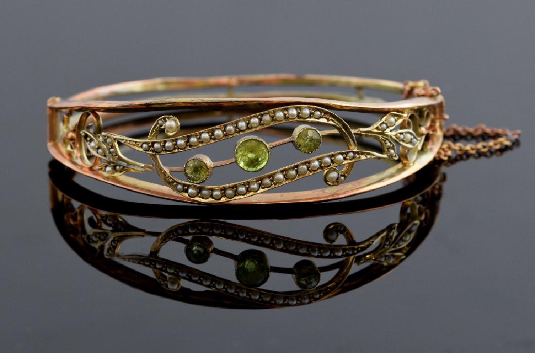 Victorian gold hinged bangle set with peridot and seed (1 of 1)