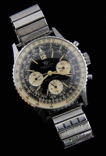 Breitling Navitmer stainless steel chronograph watch,: Breitling Navitmer stainless steel chronograph watch, circa 1967, black dial with luminous baton hour markers, outer 1/5th second and tachymetre scales, sunken silvered subsidiary dials at 3, 6 and 9