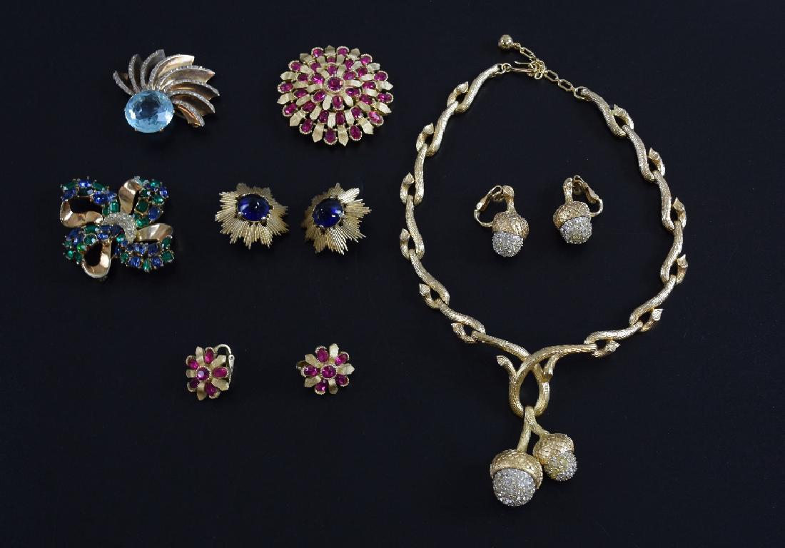 Collection of Trifari vintage costume je: Collection of Trifari vintage costume jewellery including three brooches, two pairs of earrings and a necklace with acorn pendant and matching clip on earringsThe Collection of actresses Jane and Abig