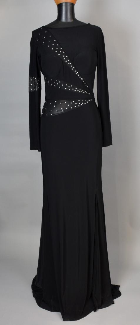 Group of black vintage evening wear incl: Group of black vintage evening wear including black cat suit by Thierry Mugler, Loris Azzaro Paris dresses, and others (7)