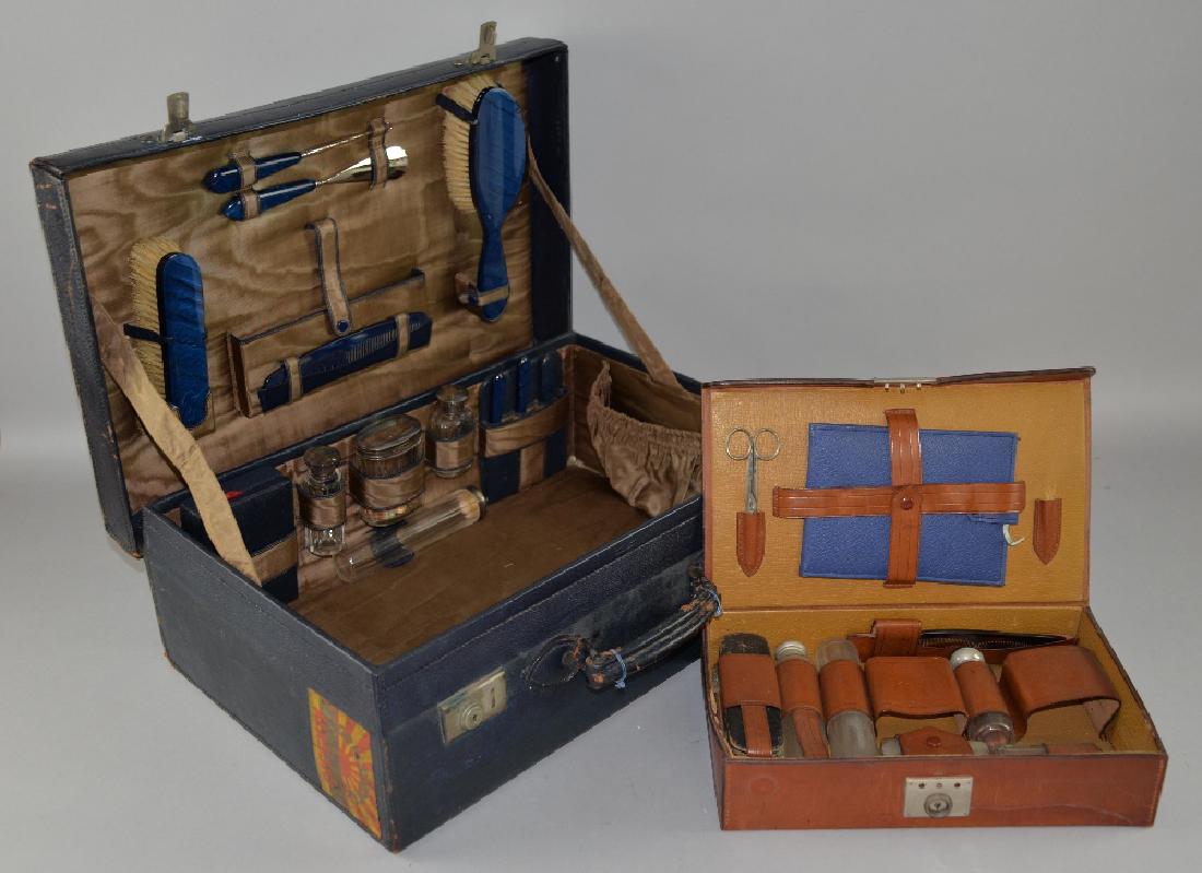 George V blue leather dressing case with silver an (1 of 1)