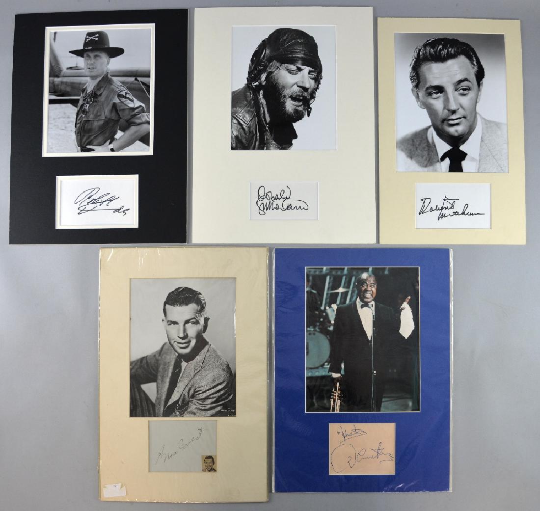Five signed autograph cards mounted with photograp: Five signed autograph cards mounted with photographs including Donald Sutherland, Robert Duvall, Bruce Cabot, Louis Armstrong & Robert Mitchum, 12 x 16 inches (5)