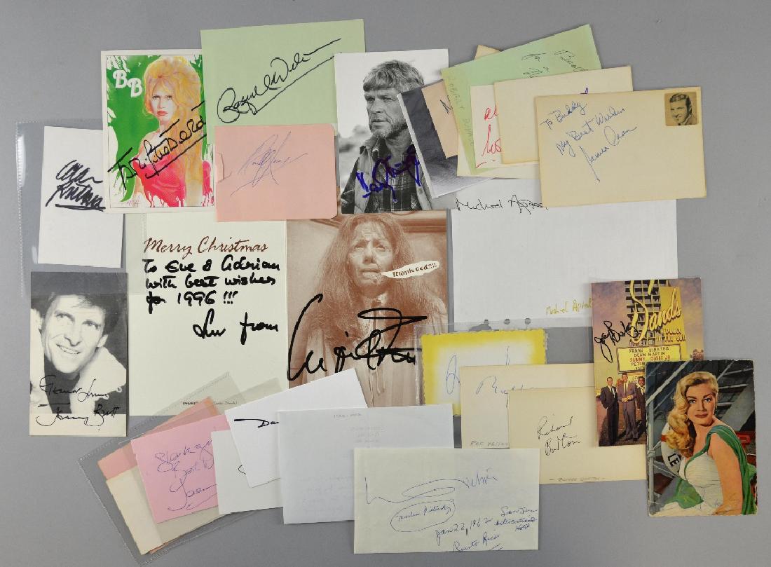 30+ signed cards including Brigitte Bardot, John M: 30+ signed cards including Brigitte Bardot, John Mills, Ingrid Pitt, Wolfgang Petersen, Robert Duvall, Richard Jaeckel, Horst Buchholz, Ernest Borgnine, Joey Bishop, Richard Harris, Kingsley Amis lett