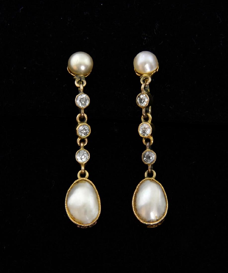 A pair of Edwardian diamond and pearl set drop ea (1 of 1)