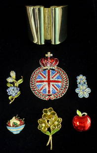 A group of costume jewellery including large Butle: A group of costume jewellery including large Butler and Wilson brooch, Scott Wilson bangle , Ciro strawberries and cream brooch, and others