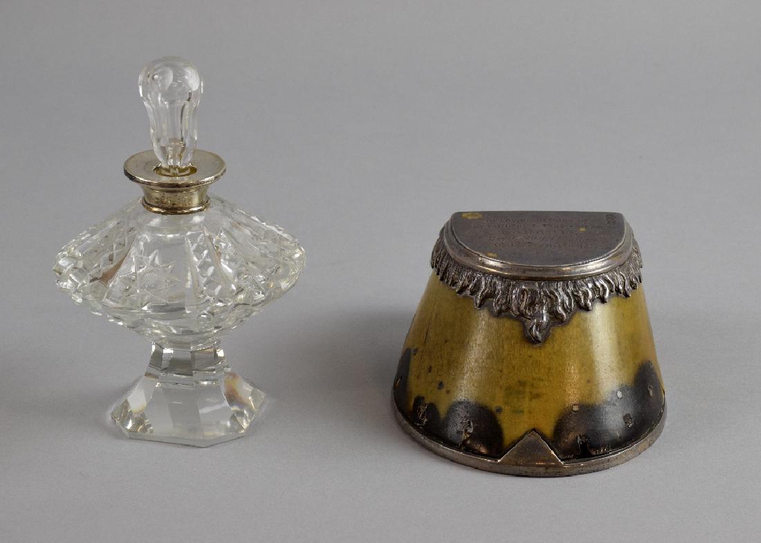 Silver mounted horses hoof, inscribed, In loving m: Silver mounted horses hoof, inscribed, In loving memory of my faithful and true friend Laurrie died May 14th 1900, E E Armitage, by Henry Wilkinson & Co Ltd, London 1900, together with a silver mounte