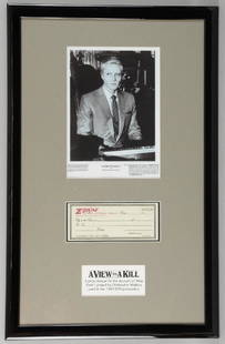 James Bond A View To A Kill (1985) A Prop cheque f: James Bond A View To A Kill (1985) A Prop cheque for the account of Max Zorin played by Christopher Walken, used in the 1985 EON Production, framed, 14 x 23 inches