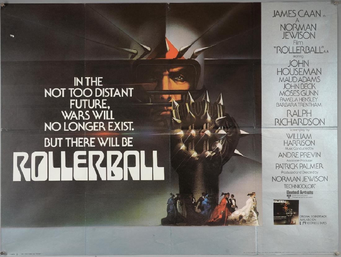 Rollerball (1975) British Quad film poster, starri: Rollerball (1975) British Quad film poster, starring James Caan, artwork by Bob Peak, United Artists, folded, 30 x 40 inches