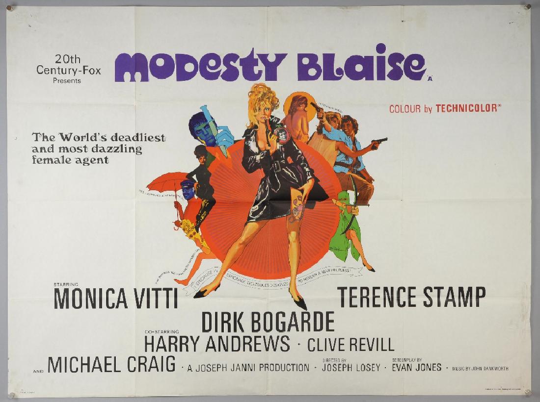 Modesty Blaise (1966) British Quad film poster, Br: Modesty Blaise (1966) British Quad film poster, British comedy directed by Joseph Losey and starring Dirk Bogarde & Terence Stamp, artwork by Bob Peak, folded, 30 x 40 inches