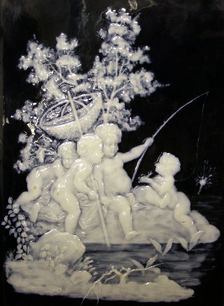 19th century cameo glass panel: 19th century pate sur pate glass panel in the manner of Thomas Webb, deep blue background with white scene depicting four cherubs fishing on a rocky outcrop near a stream, 10" x 7"