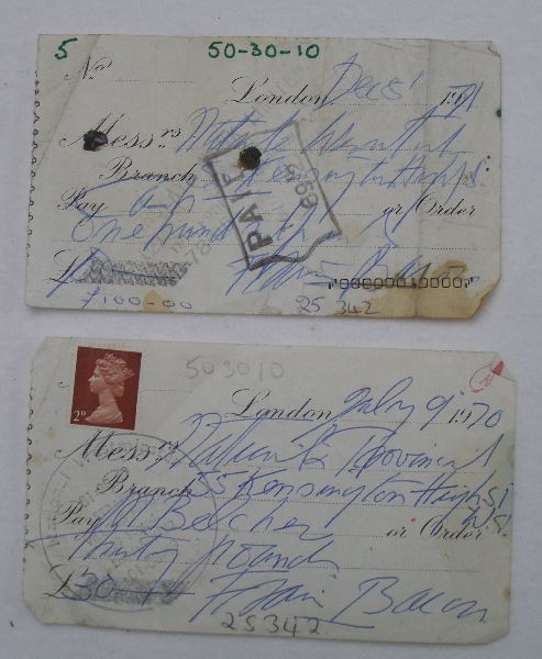 Francis Bacon two signed hand-written cheques one: Francis Bacon two signed hand-written cheques one to Muriel Belcher for £30 dated July 9th 1970 signed: and another for £100 dated December 8th 1971, payee indistinct, signed 3¼" x 5¼" Provenance: