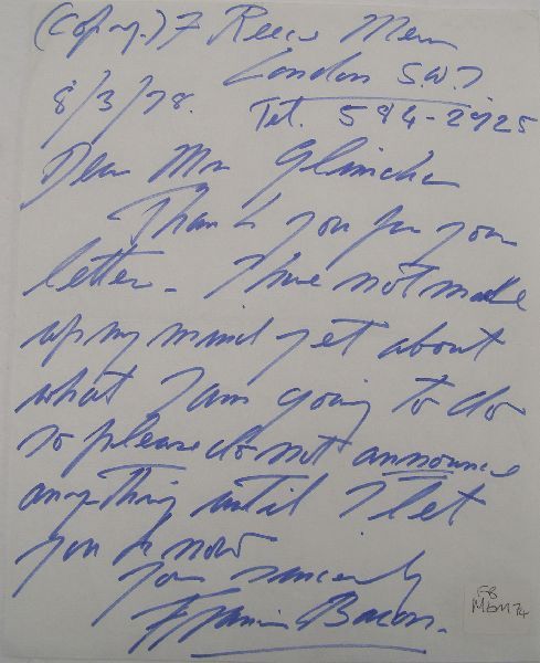 Francis Bacon, two letters to Pace Gallery: Francis Bacon, two important letters to Mr. Glimsher of Pace Gallery, each marked copy and dated respectively 8th March 1978 and 17th March 1978, from 7 Reece Mews, London. Both letters are hand-writt