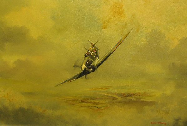 Dion Pears; Spitfire in flight over cloudy: Dion Pears; Spitfire in flight over cloudy landscape, oil on canvas, signed, 23" x 25"