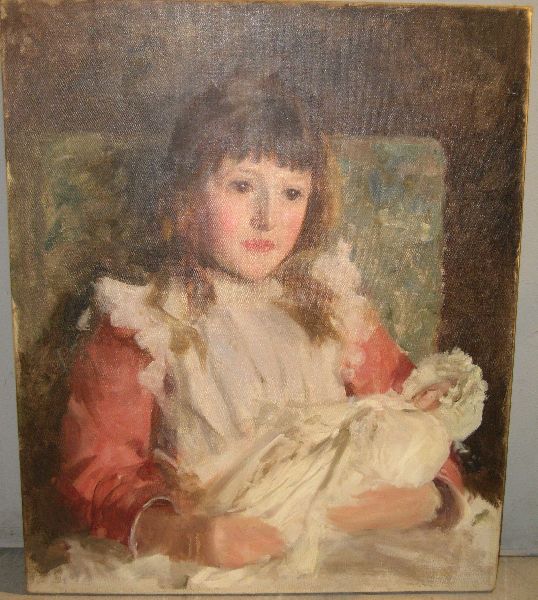 19th century oil on canvas of a young girl: 19th century oil on canvas of a young girl holding a doll, unsigned, 24" x 20" (We are advised that Lot 807 is a copy of a painting by Henry Scott Tuke of Molly Dalrymple, painted in 1891. The origina