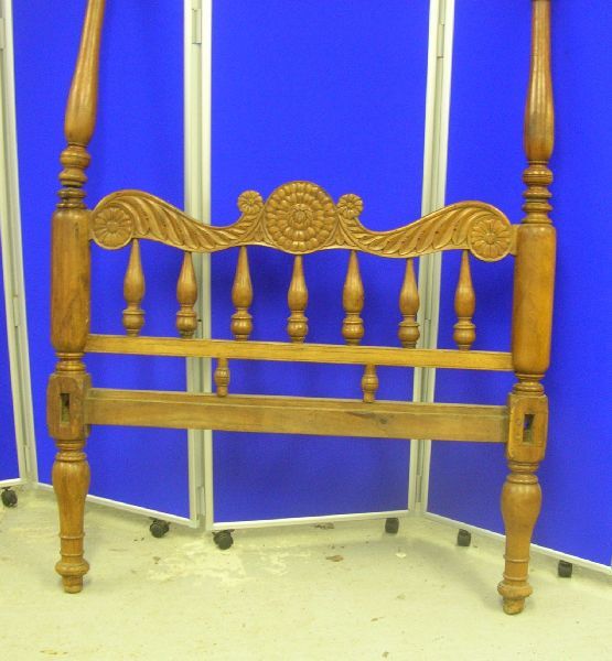 Sri Lankan carved Jack wood four poster bed: Sri Lankan carved Jack wood four poster bed with carved headboard and cane panels, 6'-0" wide