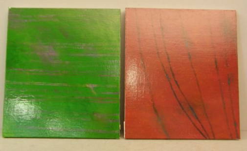 Caroline ?, red and green panels, oils on: Caroline ?, red and green panels, oils on canvases, 13" X 16", inscribed on verso 'for Su-en' signed and dated 1996 (Su-en Wong)